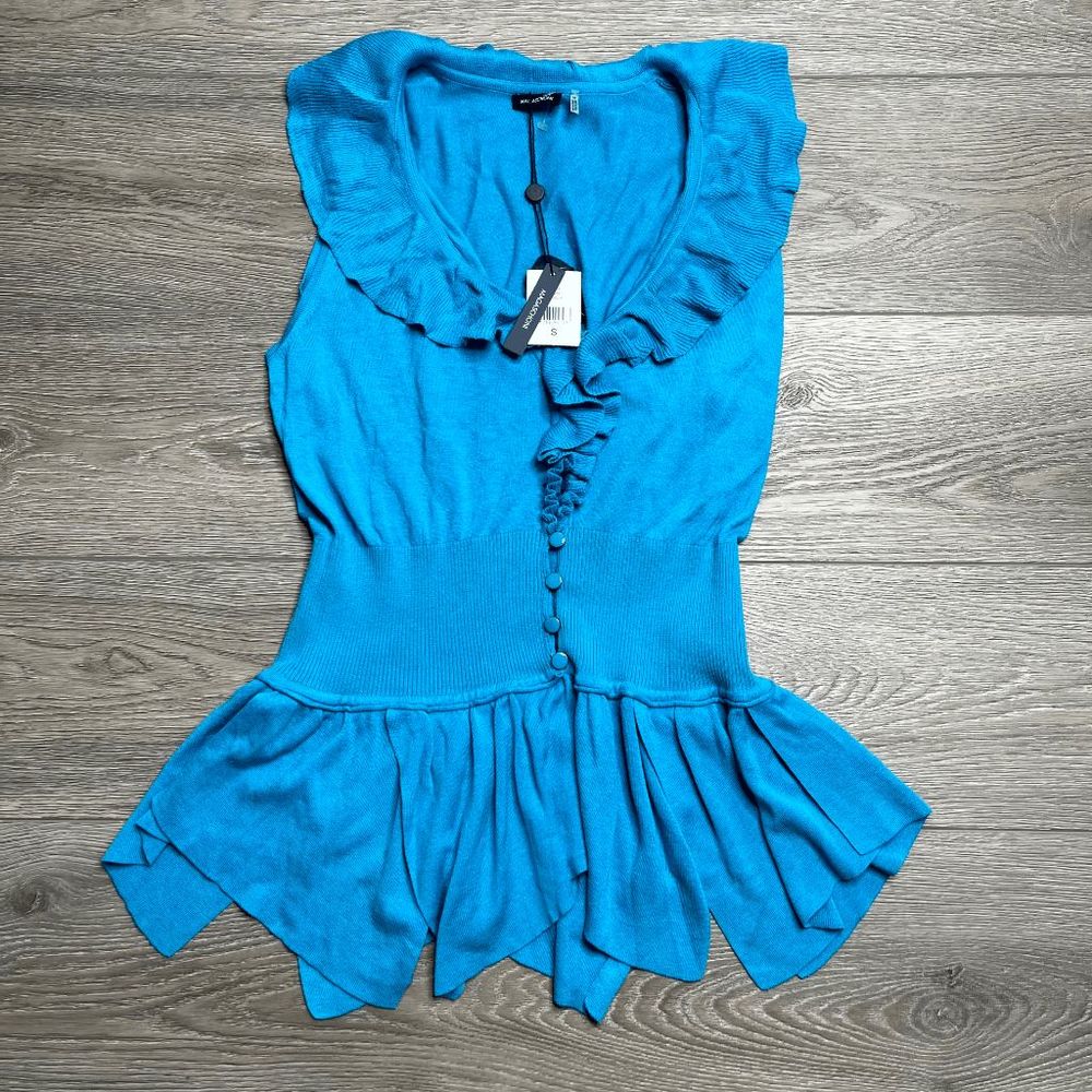 Nwt Magaschoni Aqua Blue Ruffle V-Neck Button Sleeveless Tank Silk Blend Size Sm